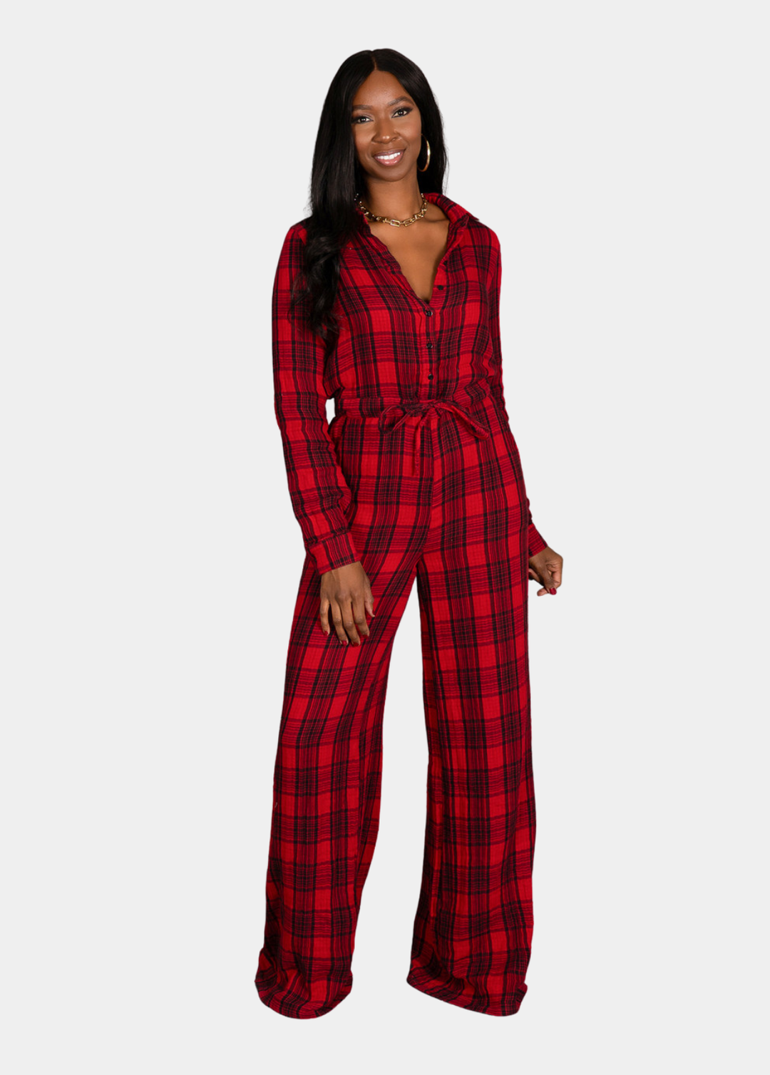 Cozy Night In Jumpsuit - Red & Black Plaid