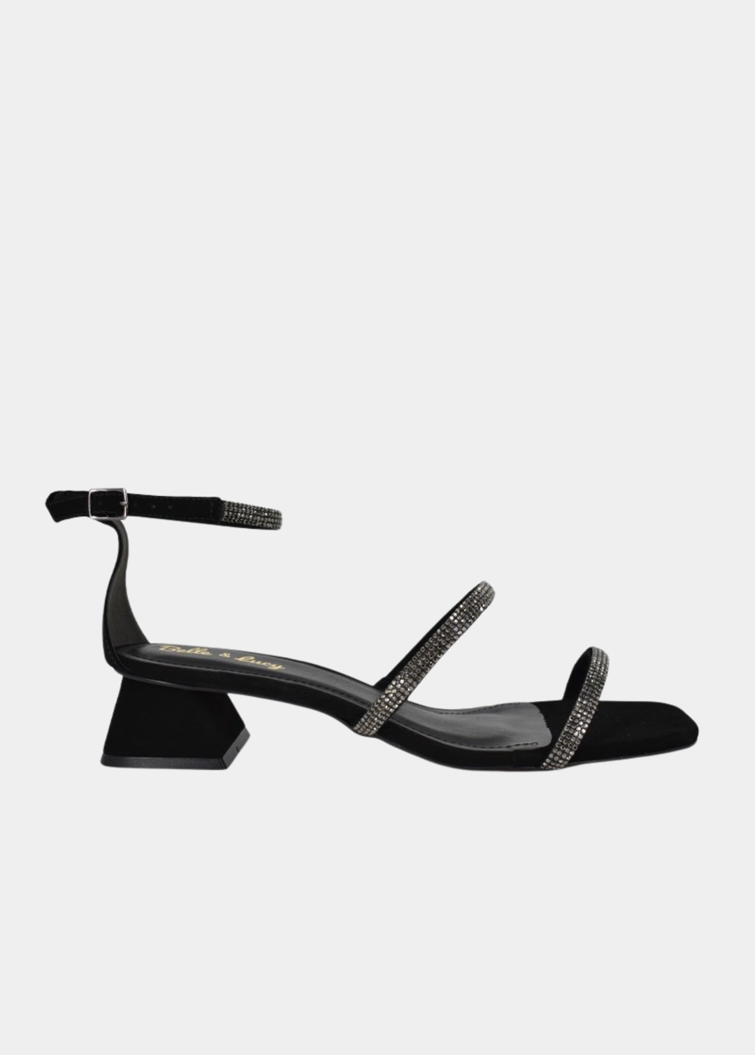 Belle & Lucy Dazzling Suedette Low Block Heel Sandals - Black