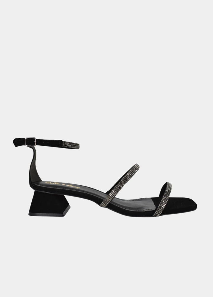 Belle & Lucy Dazzling Suedette Low Block Heel Sandals - Black