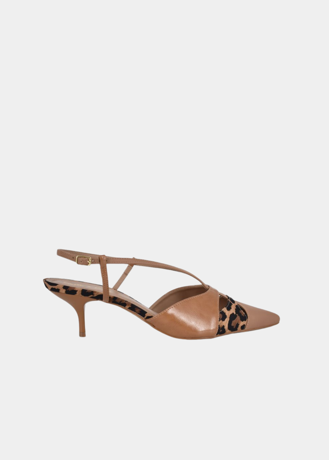 Belle & Lucy Chic Slingback Kitten Heels - Tan & Leopard Print