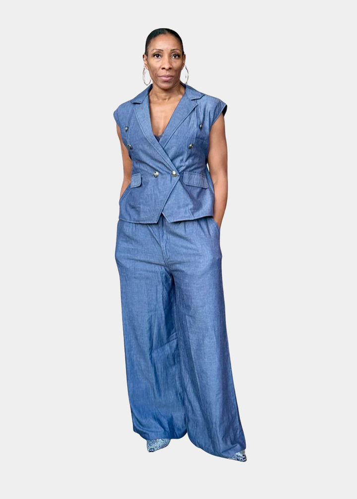 Classic Chambray Waistcoat and Palazzo Wide Leg Flare Set