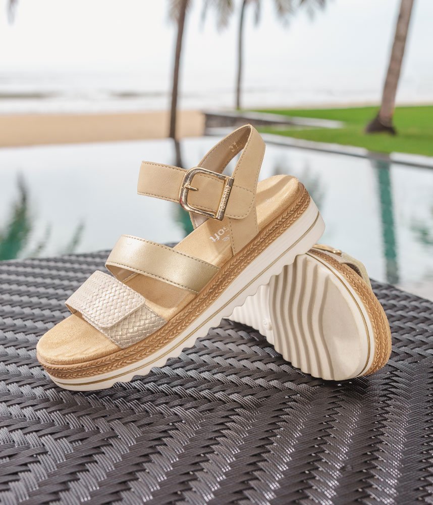 Remonte Gorgeous Beige/Gold Vegan Wedge Sandals