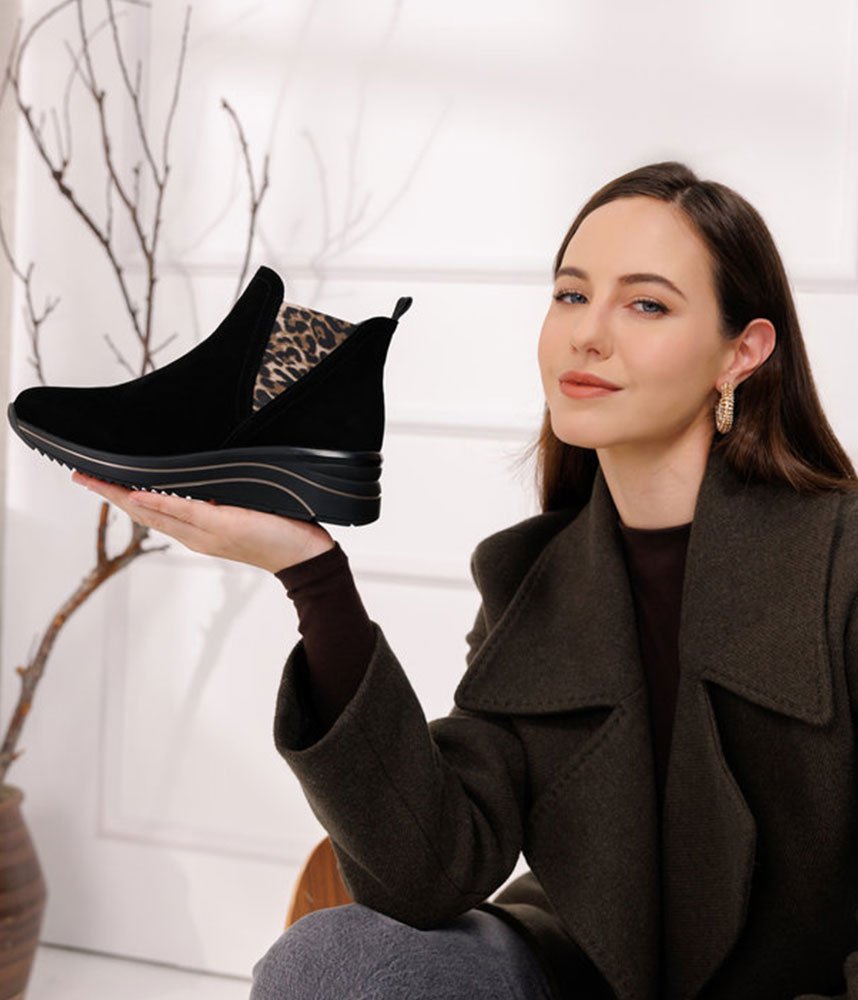Remonte Sporty Wedge Ankle Boots - Black Leopard