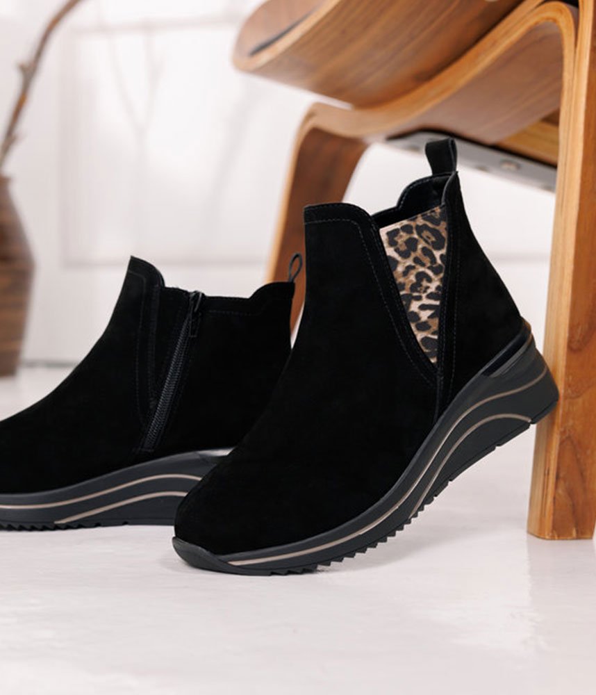 Remonte Sporty Wedge Ankle Boots - Black Leopard