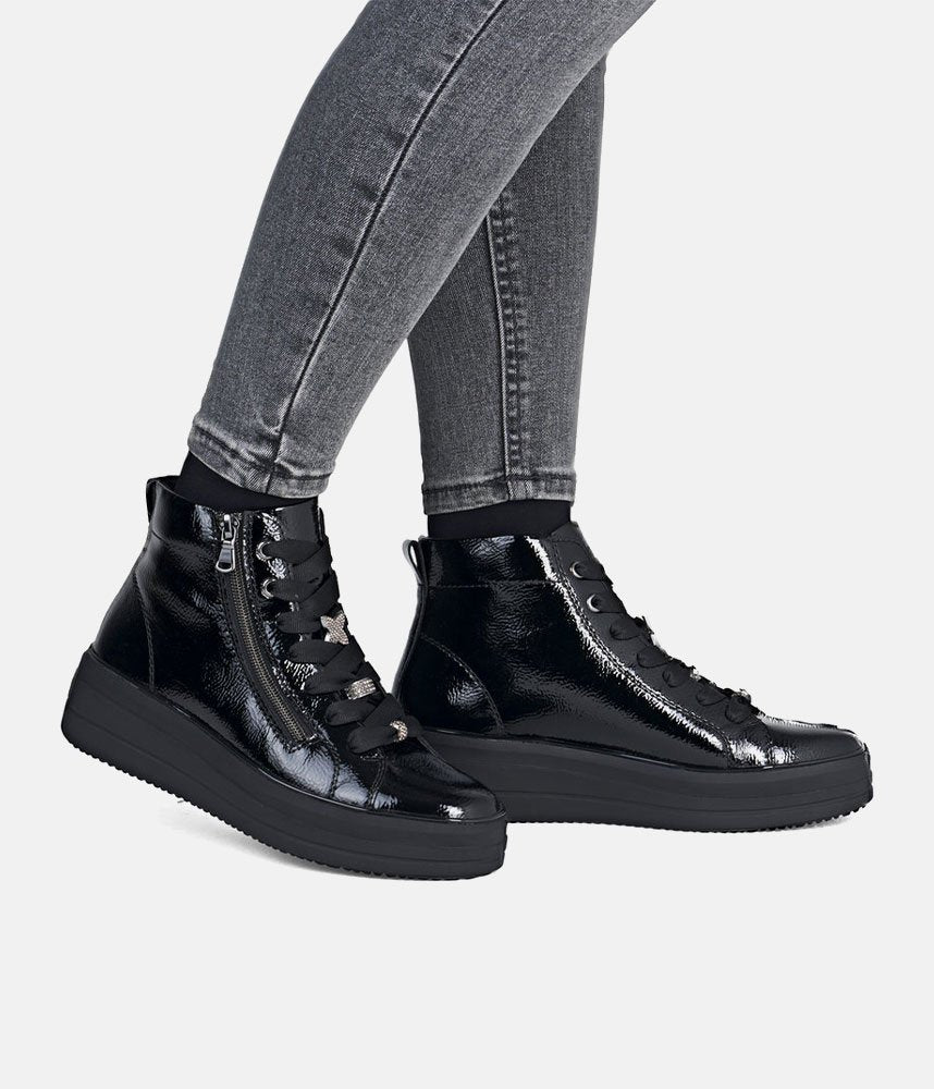 Remonte Luxurious Patent Embellished Leather Hi-Top Trainers - Black