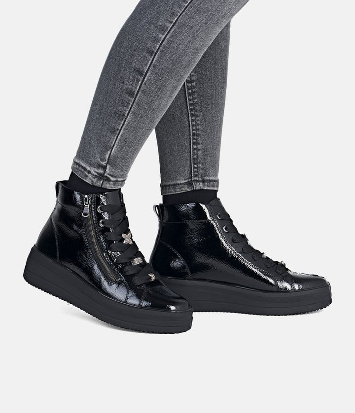 Remonte Luxurious Patent Embellished Leather Hi-Top Trainers - Black