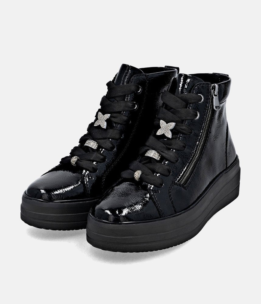 Remonte Luxurious Patent Embellished Leather Hi-Top Trainers - Black