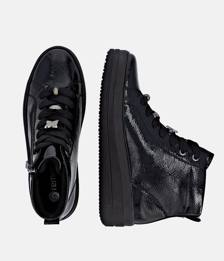 Remonte Luxurious Patent Embellished Leather Hi-Top Trainers - Black
