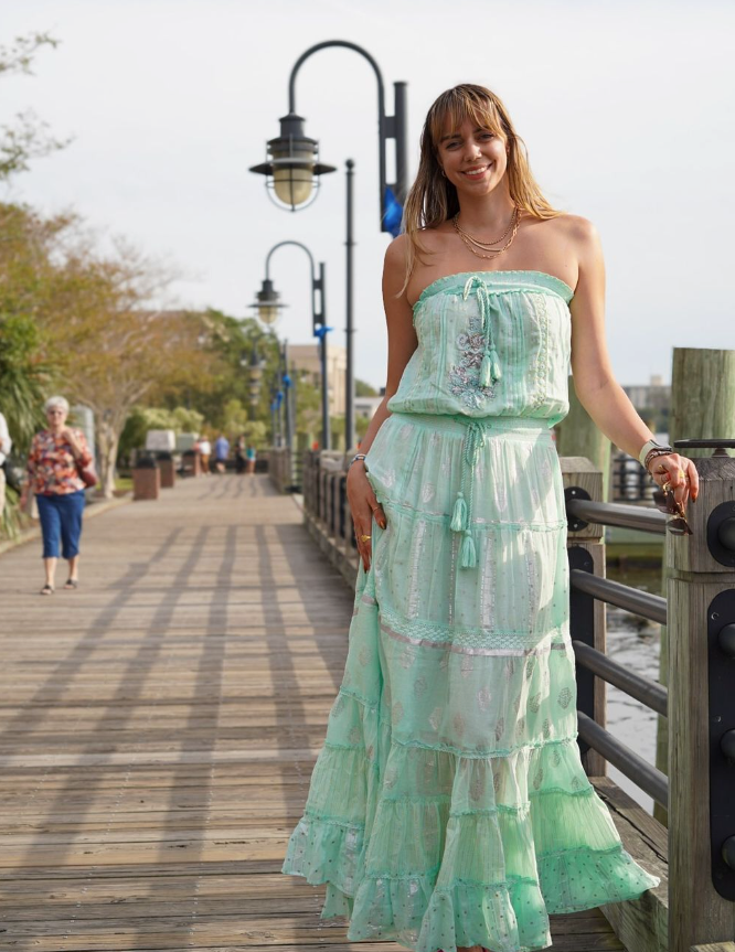 Athena Detailed Bandeau Flowy Boho Maxi Dress Seafoam Large