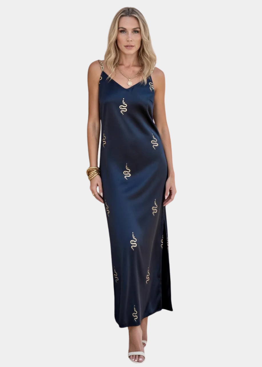 Tall Satin Maxi Slip Dress with Gold Snakes and Chains - Black