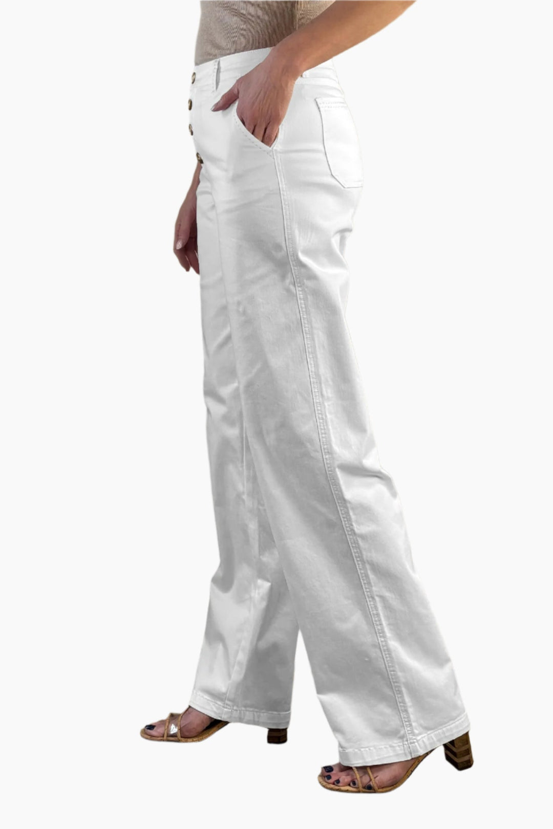 Button Fly Wide Leg Jeans - White