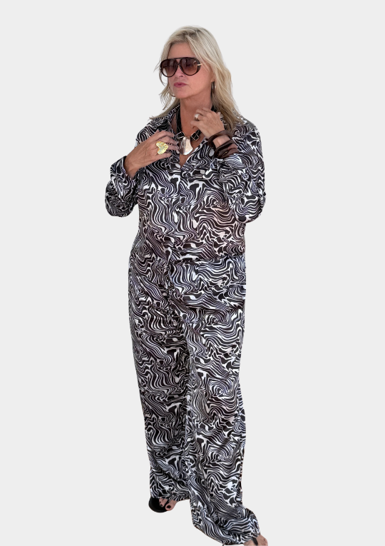 Tall Women's Zebra 3-Piece Satin Set - Blouse, Pants & Lace Skirt