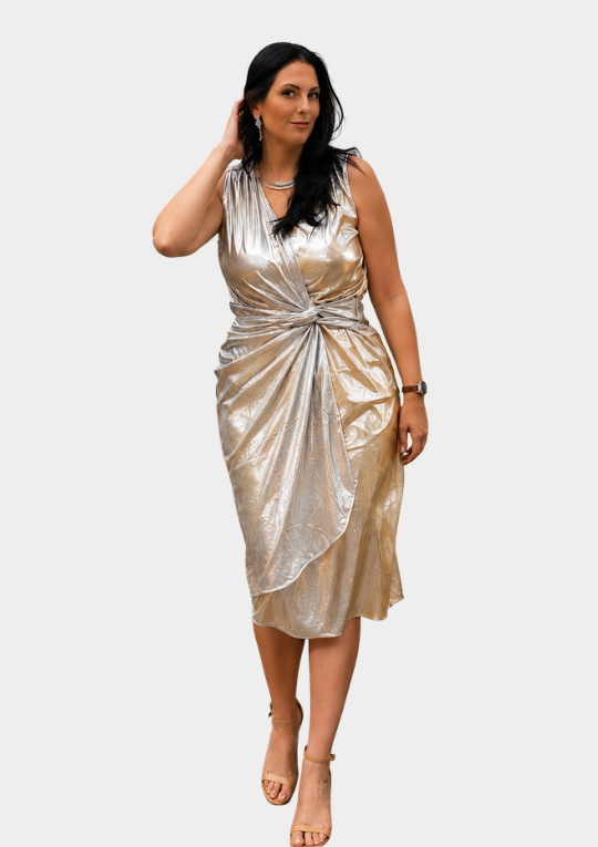 Liquid Shimmer Two Tone Wrap Midi Dress