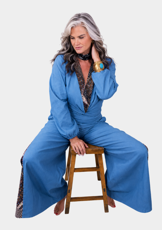 Dharma Denim Boho Set for Tall-Paisley Collar Twist Top & Harem Palazzo Pant