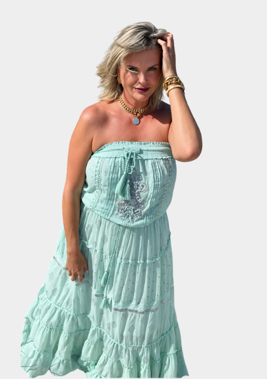 Athena Detailed Bandeau Flowy Boho Maxi Dress - Seafoam
