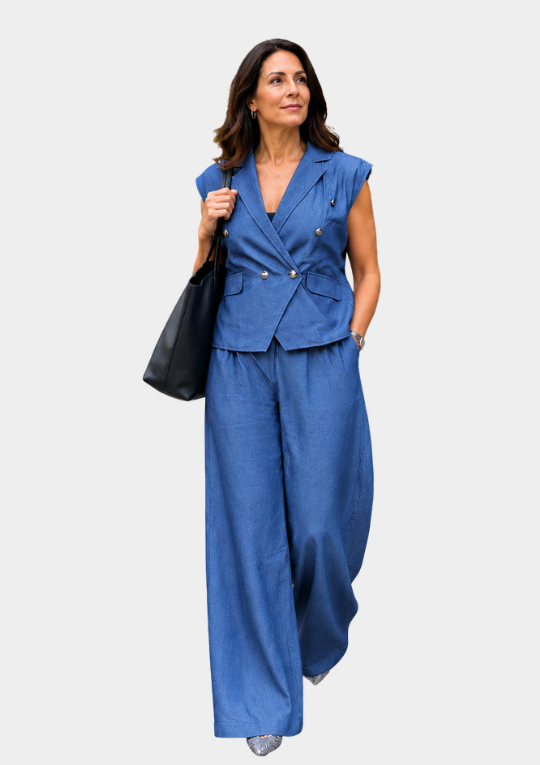 Tall Women's Classic Chambray Waistcoat & Palazzo Wide Leg Set - Charcoal Blue