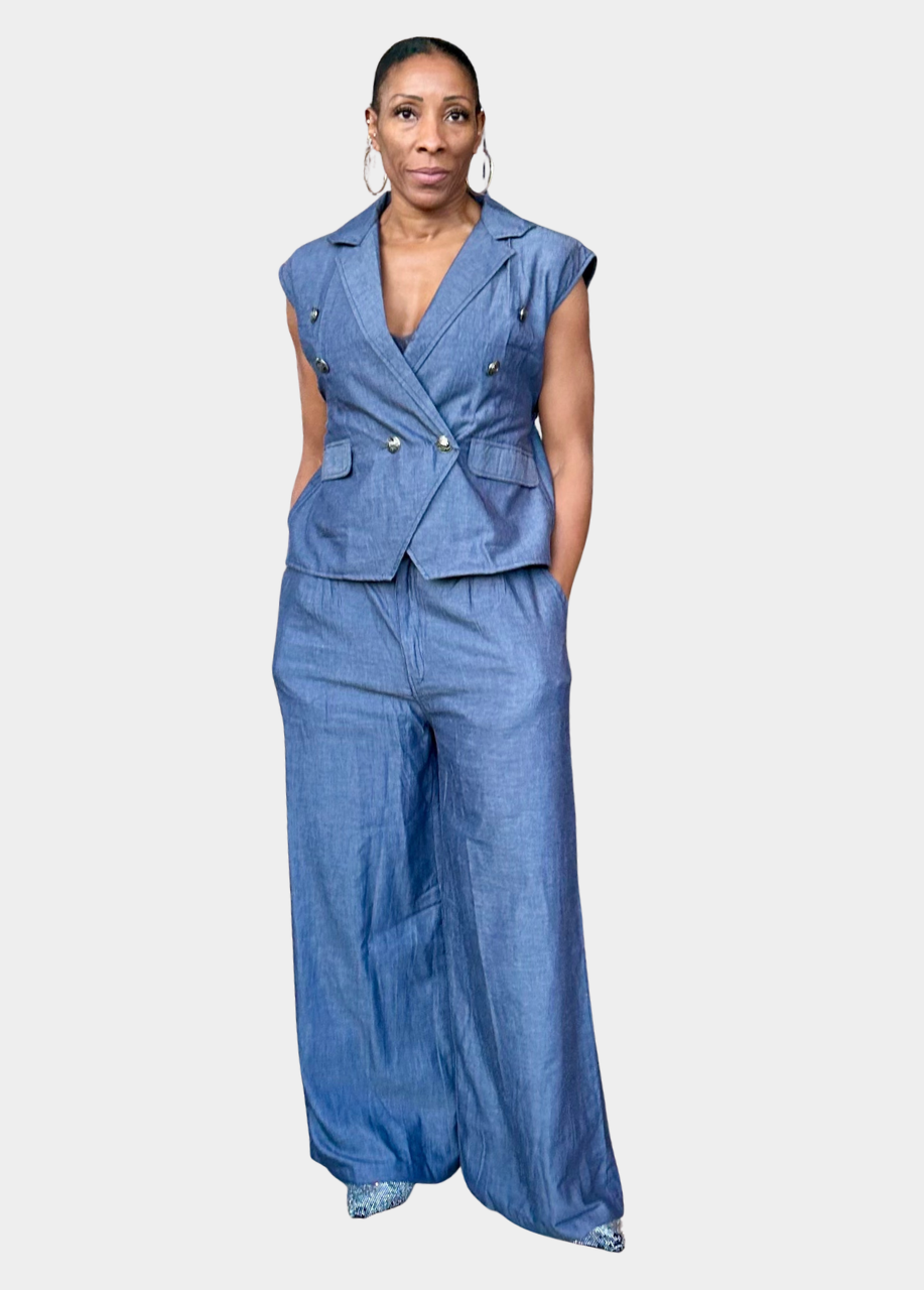Classic Chambray Waistcoat and Palazzo Wide Leg Flare Set