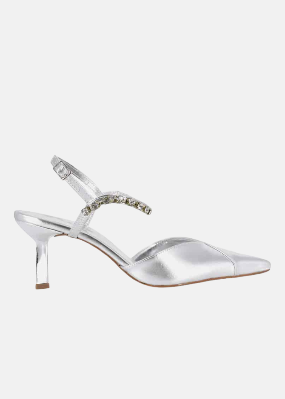 Belle & Lucy Shimmering Crystal Embellished Metallic Slingbacks - Silver