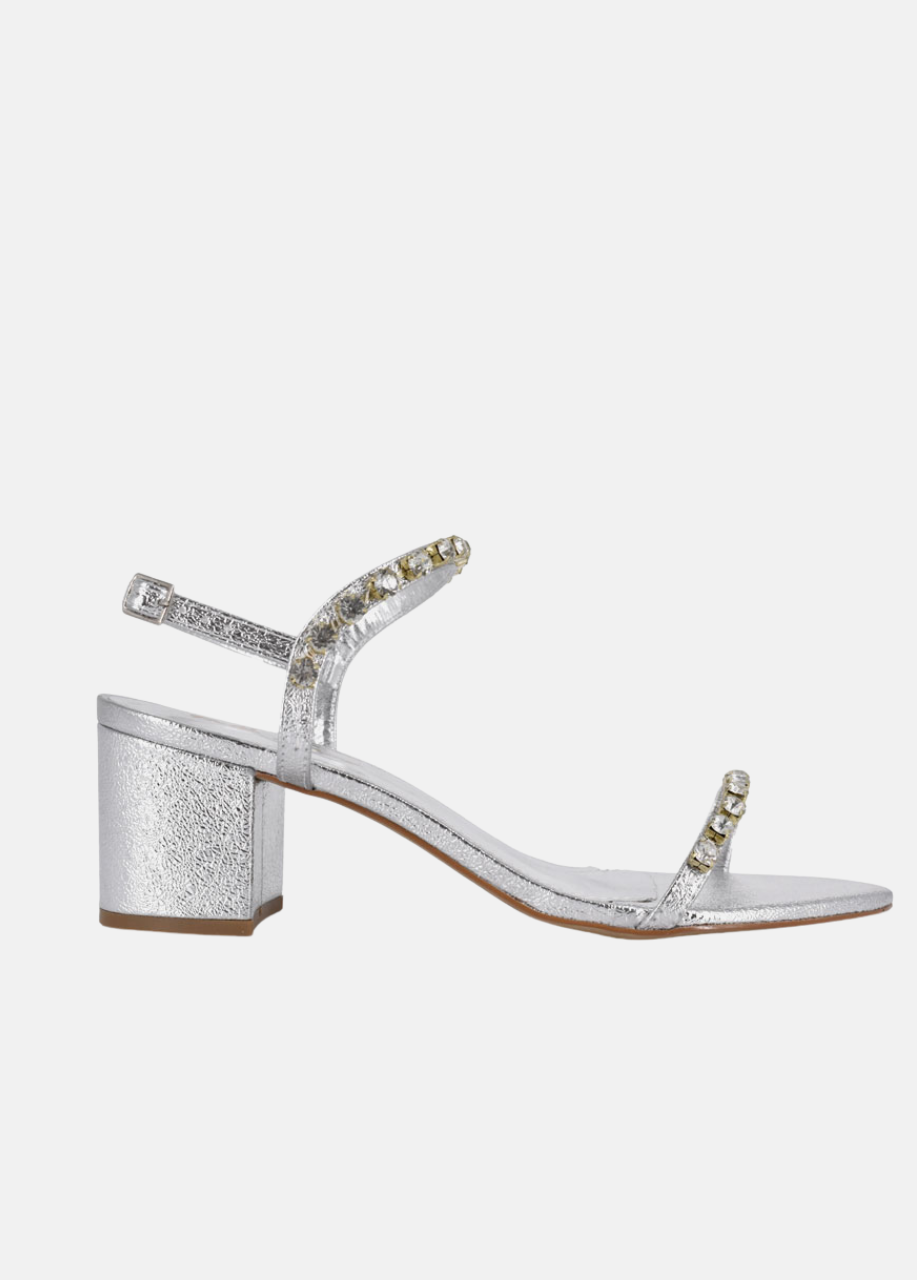 Belle & Lucy Fabulous Embellished Metallic Block Heels - Silver