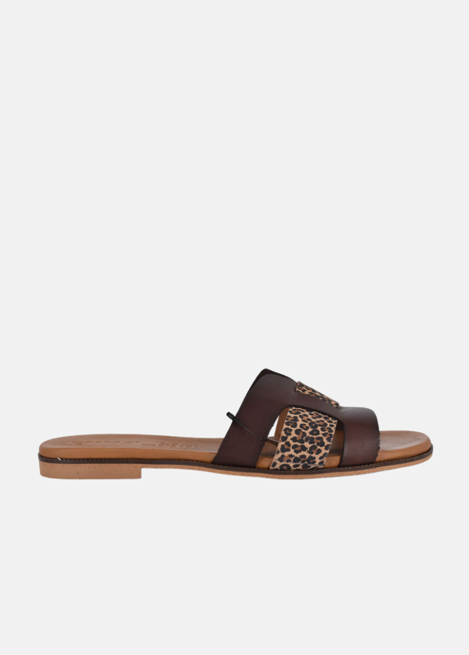 Emma Chic Leather Sandals - Dark Brown & Leopard