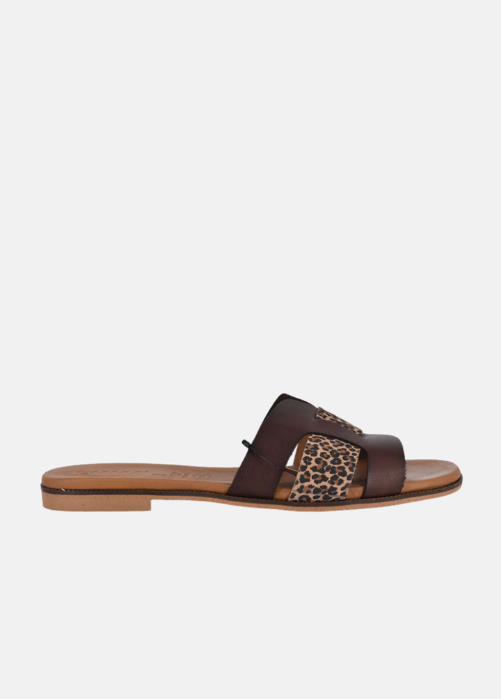 Emma Chic Leather Sandals - Dark Brown & Leopard