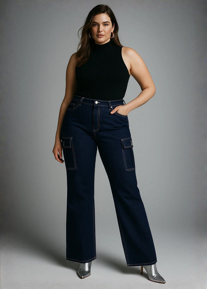 Tall Women Dark Denim Cargo Jeans