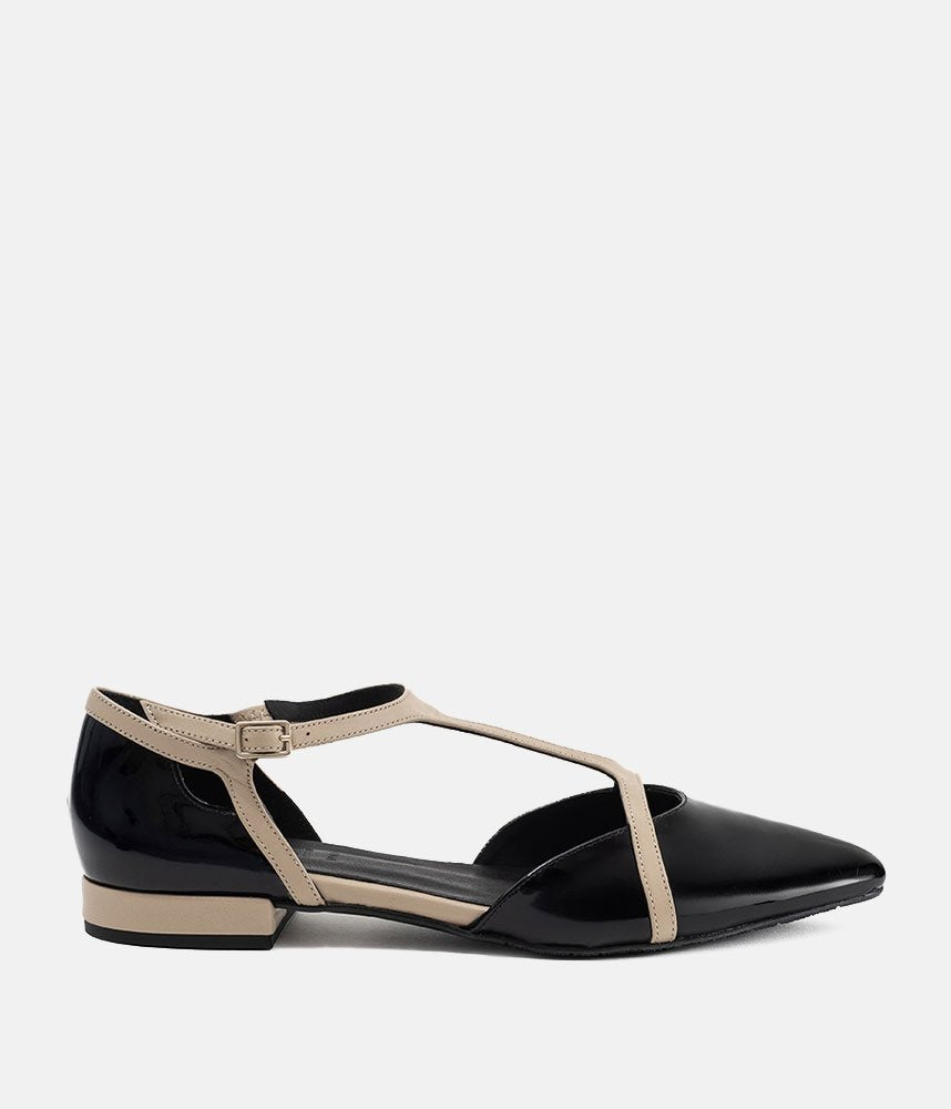 Dansi Retro T-Strap Patent Leather Flats - Black & Beige – Tall Size