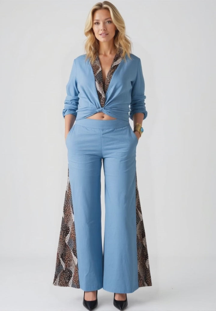 Dharma Denim Boho Set for Tall-Paisley Collar Twist Top & Harem Palazzo Pant