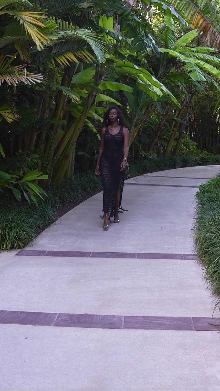 St Tropez Fringe Crochet Dress - Black