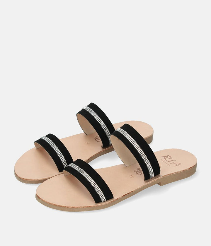Ria Luxe Black Crystal Twin Strap Sandals