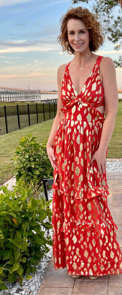 Aayna Dress-Scarlett Red with Metallic Print Long Maxi Dress with Ruffles