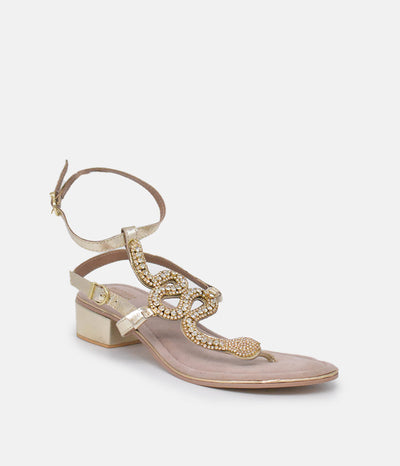 BOTTEGA Gold Ankle Strap Embellished Block Heel Sandal