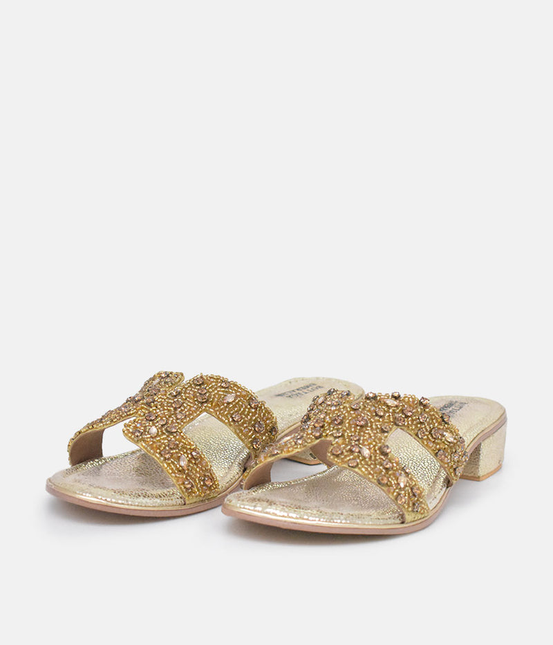 BOTTEGA Gold Leather Embellished Slip On Sandal