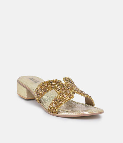 BOTTEGA Gold Leather Embellished Slip On Sandal