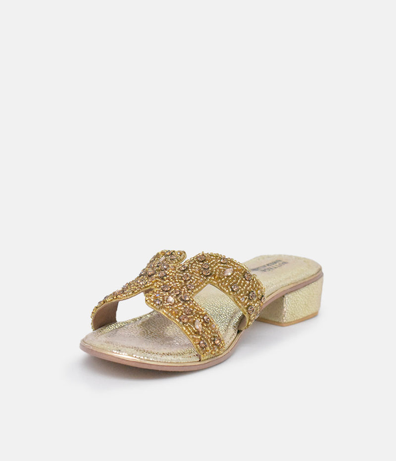 BOTTEGA Gold Leather Embellished Slip On Sandal