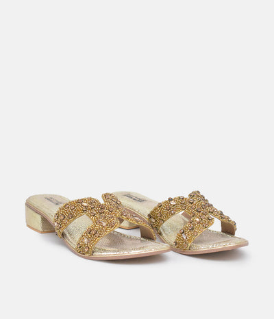 BOTTEGA Gold Leather Embellished Slip On Sandal