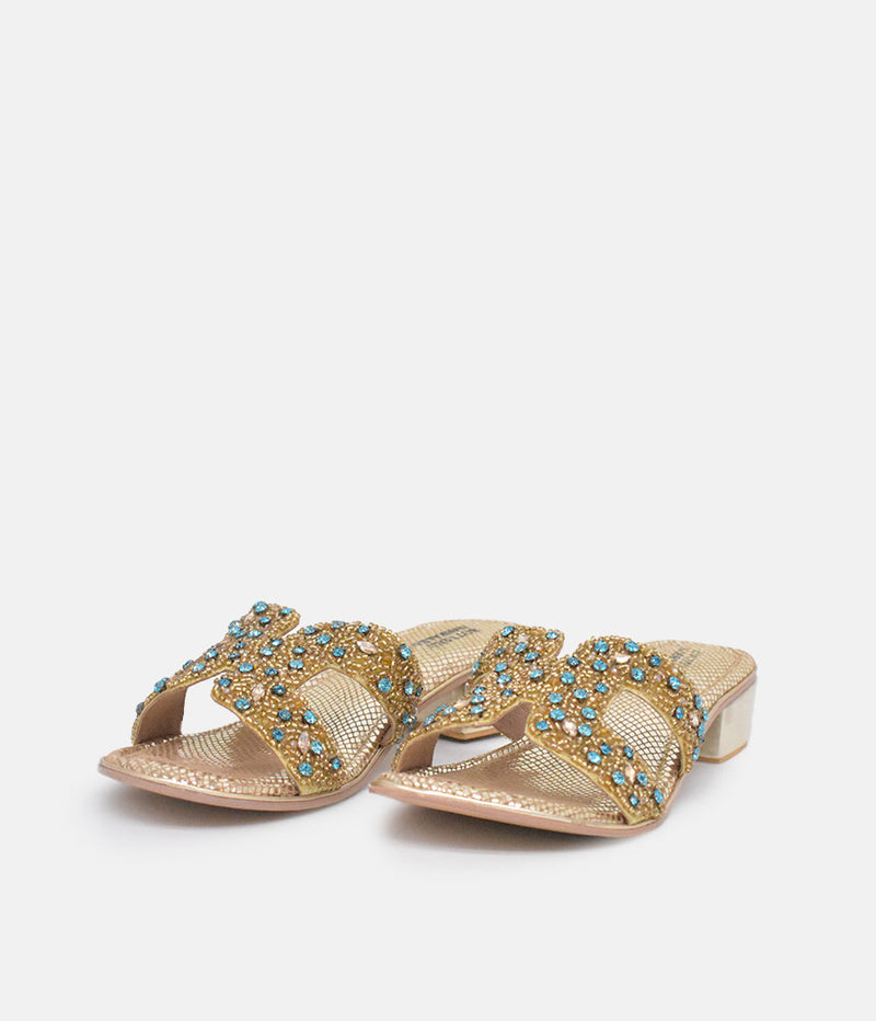 Bottega Gold/Green Leather Embellished Slip On Sandal