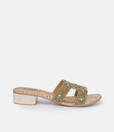 Bottega Gold/Green Leather Embellished Slip On Sandal