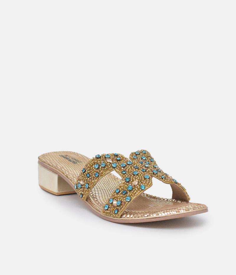 Bottega Gold/Green Leather Embellished Slip On Sandal