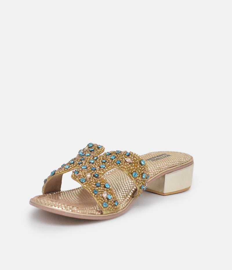 Bottega Gold/Green Leather Embellished Slip On Sandal