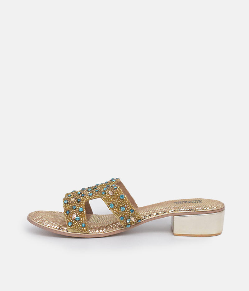 Bottega Gold/Green Leather Embellished Slip On Sandal