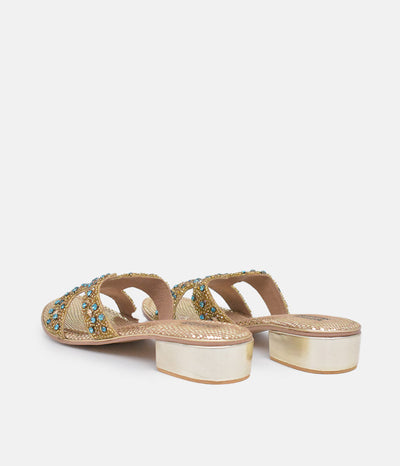 Bottega Gold/Green Leather Embellished Slip On Sandal