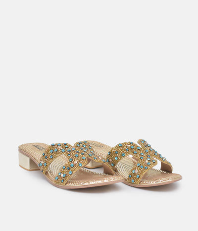 Bottega Gold/Green Leather Embellished Slip On Sandal