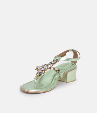 Bottega Metallic Green Embellished Block Heel Sandal