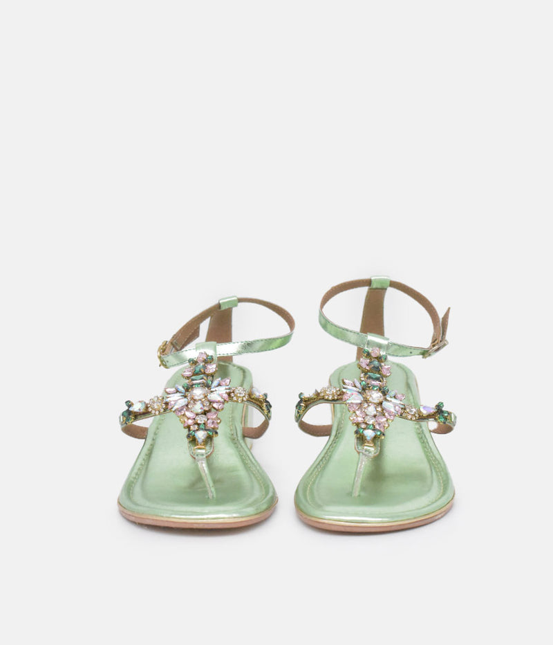 Bottega Metallic Green Embellished Block Heel Sandal