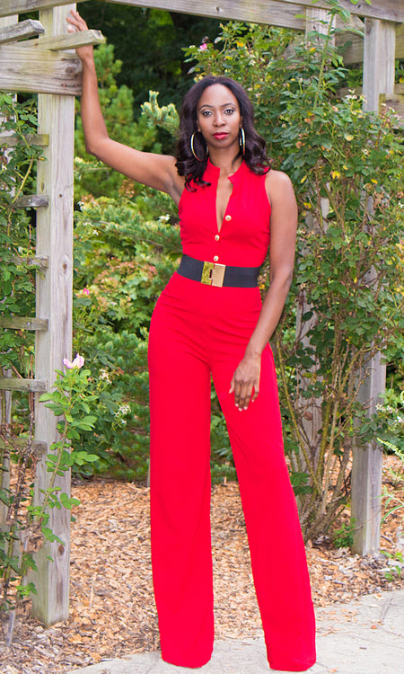 Red button up jumpsuit discount