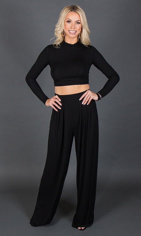 Mock Neck Crop Top - Black