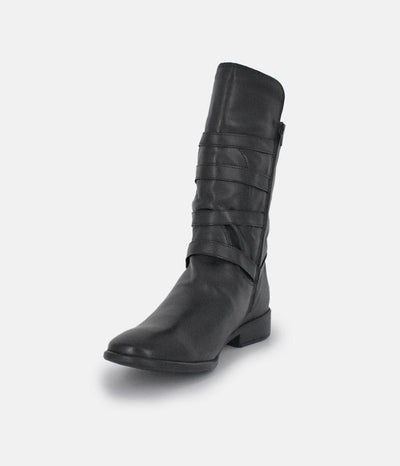 Cinderella Shoes Black Leather Buckle Midi Boots