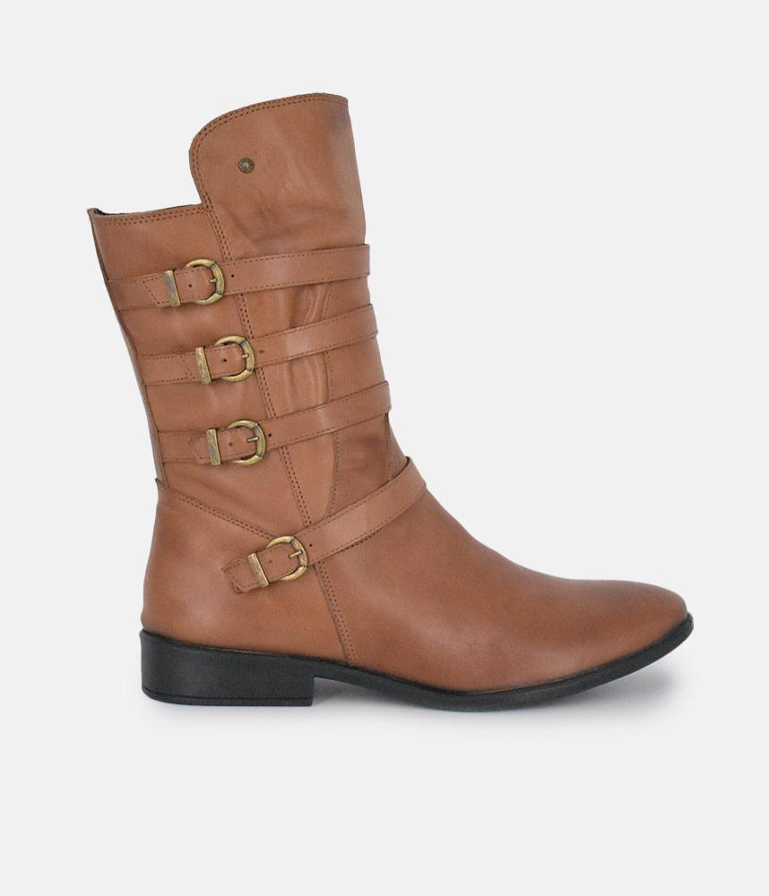 Cinderella Shoes Brown Leather Buckle Midi Boots