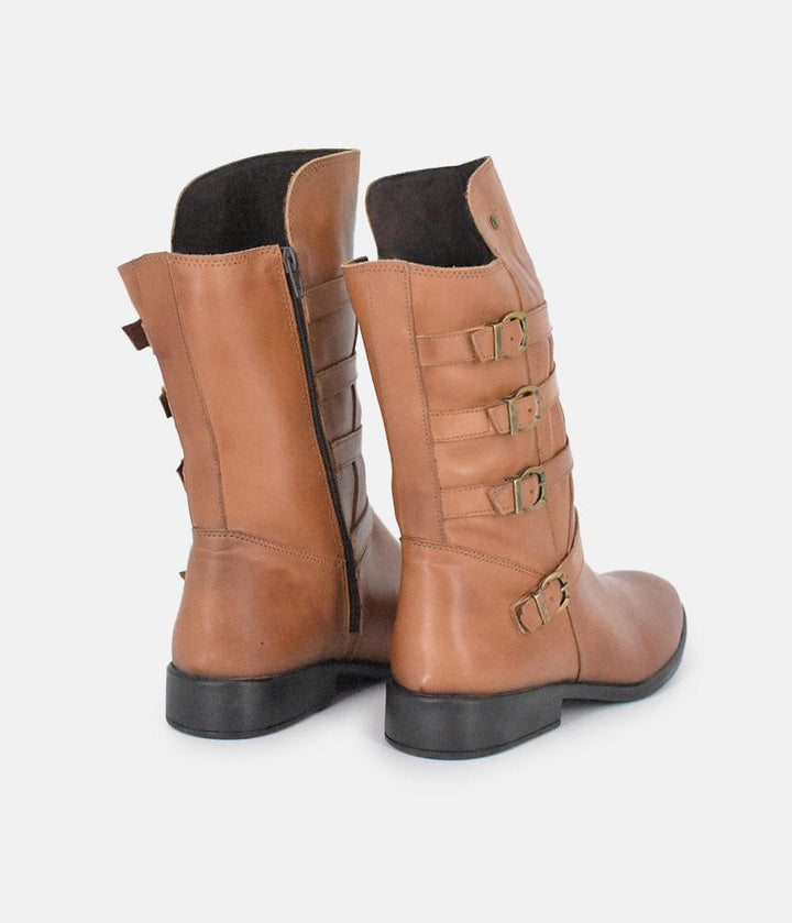 Cinderella Shoes Brown Leather Buckle Midi Boots